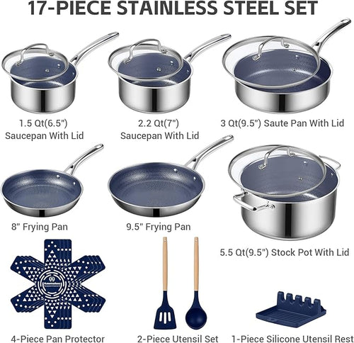 Ammeloo Hybrid Stainless Steel Cookware Set, 17-Piece Tri-Ply Pots and Pans Set Non Stick, Induction Kitchen Cookware Sets, Dishwasher & Oven Safe, PFOA Free, All Cooktops Compatible, Navy Blue