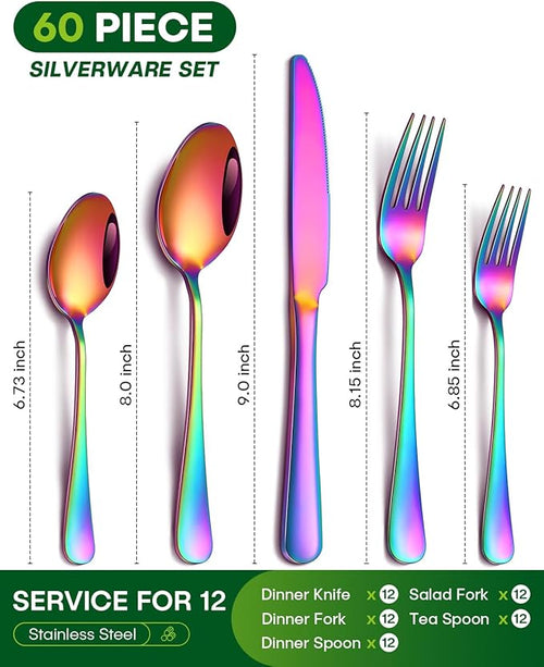 60 Piece Rainbow Silverware Set, Stainless Steel Flatware Set for 12 Colorful Cutlery Utensil Set Include Knife Fork Spoon Food Grade Mirror Polished Dishwasher Safe