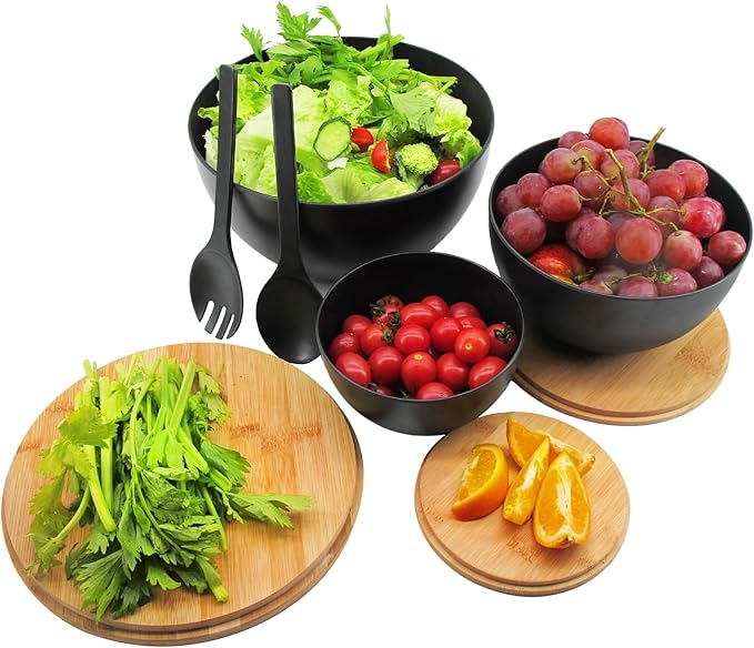 ECOWAY Salad Bowls Set of 3 with Lid & Serving Utensils, Bamboo Fiber Mixing Bowls Set Large Serving Bowls & Storage Set with Bamboo Lid for Salad, Kitchen Eating, Pasta, Popcorn, Chips, Fruit, Black