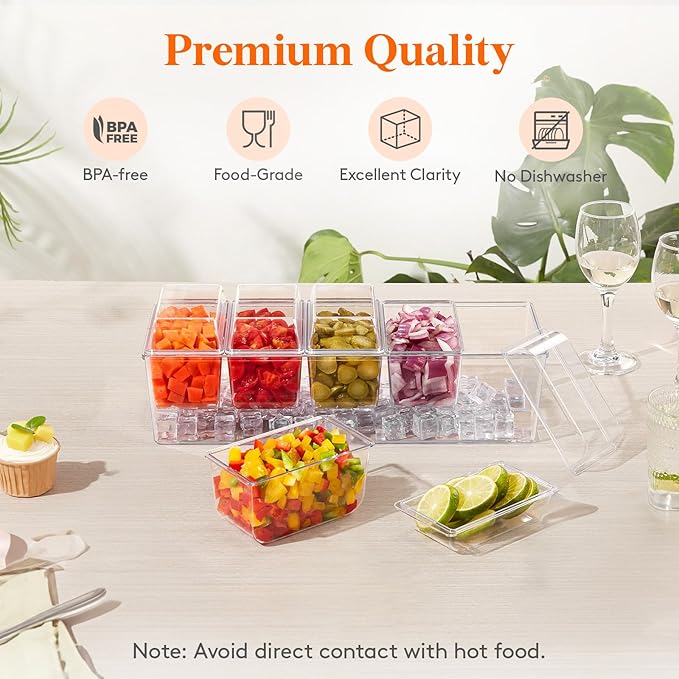 Lifewit 2 Pack Taco Bar Serving Set for Party with 5 x 20 oz Containers & Components, Ice Chilled Condiment Caddy Organizer, Garnish Serving Tray Platter for Mimosa Bar Accessories, Fruit, Salad, Food