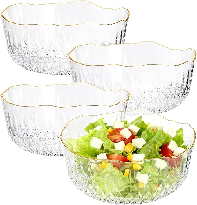 Frcctre 4 Pack 70 Ounce Small Clear Plastic Serving Bowls, 8 Inch Round Crystal Salad Mixing Bowl Disposable Plastic Catering Bowls for Party, Salad, Fruit, Snack, Chip, Popcorn