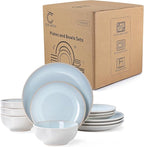 Plates and Bowls Sets for 4 - CJDC-QUELO 12-Piece Stoneware Dinnerware Sets, Ceramic Dishware Set for Kitchen Use and Formal Dining, Chip and Scratch Resistant Microwave Dishwasher Safe, Off White