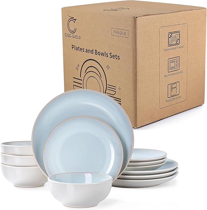 Plates and Bowls Sets for 4 - CJDC-QUELO 12-Piece Stoneware Dinnerware Sets, Ceramic Dishware Set for Kitchen Use and Formal Dining, Chip and Scratch Resistant Microwave Dishwasher Safe, Off White