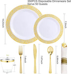 WELLIFE 100 Guests Dinnerware Sets, Gold Plastic Plates, Platos Para Fiestas Elegantes Desechables Include:100 Dinner Plates,100 Dessert Plate,400 Pcs Gold Plastic Silverware, 100 Cups for Party