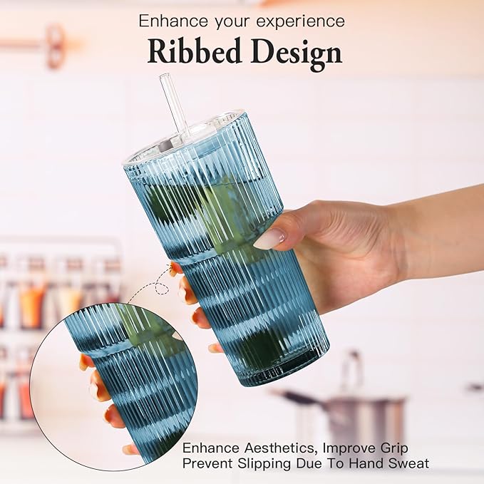 4PCS Colored Ribbed Glass Cups with Lids and Straws, 20oz Vintage Drinking Glasses, Aesthetic Iced Coffee Cups, Glass Tumbler for Boba, Beer, Tea, Cocktails, Ribbed Glassware Set,Colored