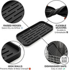 Silicone Organizer Tray, Soap and Sponge Holder for Kitchen Sink, Bathroom - Storage Tray for Dish Brush, Soap Dispenser, Dishwashing Accessories-(Black 1 Pack, 10"x5.3")