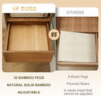 Kigley 3 Pcs Bamboo Wood Pegboard Drawer Organizer with 32 Pegs Wooden Peg Board Drawer Shelf Organizer Adjustable Peg System for Dishes Plate Pot Container Cookware Utensil Kitchen