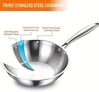DELARLO Tri-Ply Stainless Steel Woks, 12 Inch Healthy Non-Toxic Cooking Wok Pan with Lid, Wide & Deep Cookware Stir-Fry Pans, Dishwasher and Oven Safe Up To 600°F, Works on Induction，Detachable Handle