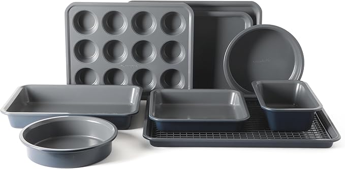 Calphalon Legacy 10-Piece Nonstick Bakeware Set, PFA-Free Nonstick Coating, Oven Safe, Includes Sheet Pans, Muffin Pan, Round Cake Pans, Loaf Pan and Cooling Rack, Blue/Grey Interior
