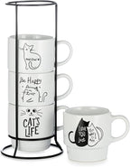 Signature Housewares Stackable Coffee Mug Tower Set with Metal Wire Rack - 15 Ounce Coffee Mugs for Coffee, Tea, Cocoa, Milk, Cappuccino, Hot Chocolate Set of 4 - Cat's Life