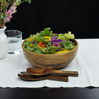 Acacia Wooden Salad Bowl Set – 9” Round Handcrafted Bowl with 2 Wood Servers, Rustic Durable Serveware for Salads, Fruit, Snacks & Everyday Dining, Gift-Ready Set of 3