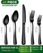 60 Piece Black Silverware Set, Stainless Steel Flatware Set for 12 Food Grade Cutlery Utensil Set Include Knife Fork Spoon Mirror Polished Dishwasher Safe