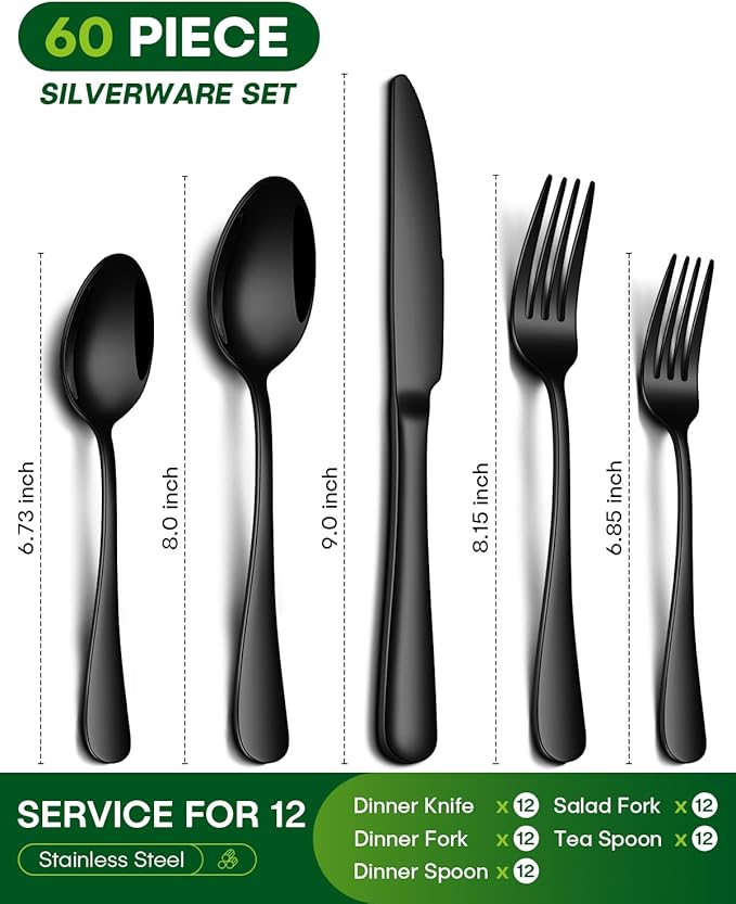 60 Piece Black Silverware Set, Stainless Steel Flatware Set for 12 Food Grade Cutlery Utensil Set Include Knife Fork Spoon Mirror Polished Dishwasher Safe