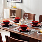 TP 12-Piece Melamine Dinnerware Sets, Plates and Bowls Dishes Set for 4, Break-Resistant & Non-Microwavable, Lightweight Dinner Plates, Matt Black and Red