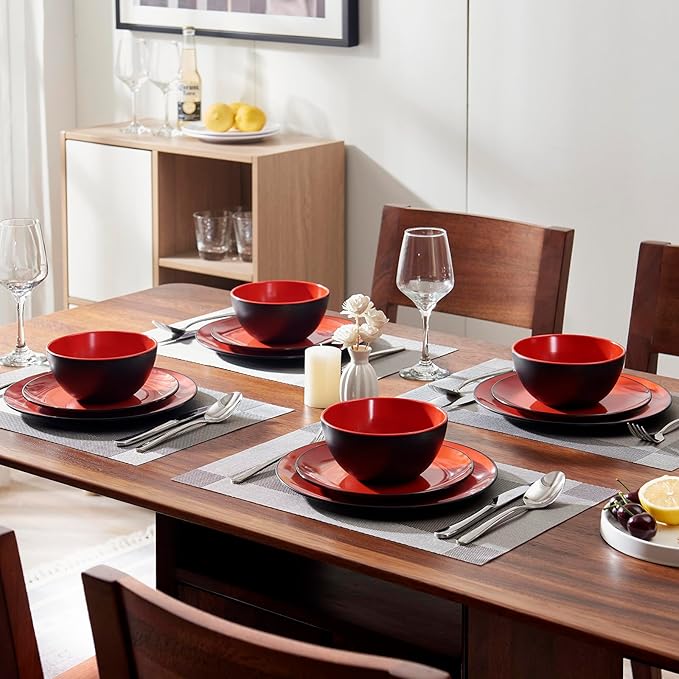 TP 12-Piece Melamine Dinnerware Sets, Plates and Bowls Dishes Set for 4, Break-Resistant & Non-Microwavable, Lightweight Dinner Plates, Matt Black and Red