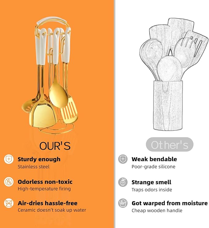 Novellus Stainless Steel Gold Kitchen Utensils Set with Holder, 7pcs Kitchen Accessories for Cooking Includes Soup Ladle, Metal Spatula, Slotted Spoon, Slotted Spatula, Pasta Spoon, White & Gold