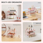 2 Pcs Cabinet Organizer Shelf，Stackable Kitchen Counter Shelves, Spice Rack,Countertop Organizers，Pink Plastic Storage Shelves Rack for Makeup，Bathroom, Cupboard，Desk，Pantry Organization