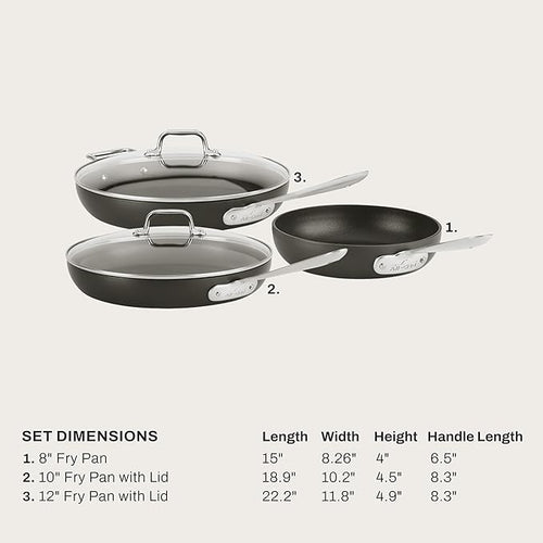 All-Clad HA1 Hard Anodized Nonstick Fry Pan Set – 5-Piece Cookware, 8", 10", 12" Skillets with Lid, Induction Compatible, Oven Safe to 500°F, Lid Safe to 350°F, Black