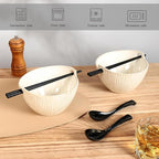 Ceramic Ramen Bowl with Chopsticks,6.7 Inch Noodle Bowls,Pho Bowls and Spoons Set,Japanese Bowl for Pho,Udon,Soba,Noodle,Microwave Safe,Set of 2 (Retro White)