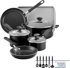 Farberware Cookstart DiamondMax Nonstick Cookware/Pots and Pans Set with Glass Lids, Dishwasher Safe, Includes Baking Pan and Kitchen Cooking Tools, 15 Piece - Black