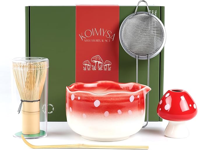 Cute Matcha Set With Mushroom Design Bowl And Whisk Holder, Unique Japanese Matcha Kit Gifts For Women Girls Friends Tea Lovers, Red