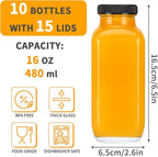 CUCUMI 10pcs 16oz Glass Juice Bottles with Lids, Reusable Juice Containers Drinking Jars Water Cups with Brush, Glass Straws, Lids with Hole | 10pcs, with Lids, Reusable, Juice Containers, Drinking Jars, Water Cups