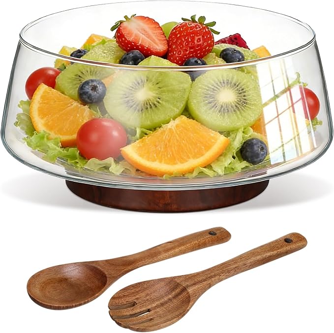 Extra Large 3.8QT Glass Salad Bowl Set, 3600ml Clear Serving Bowl with Acacia Wood Base & Wooden Utensils - Decorative Mixing Bowl for Kitchen, Party, Thanksgiving - Elegant Wooden Salad Bowl