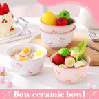 Maxdot 4 Pcs Pink Bow Ceramic Bowls Set 10oz Coquette Cute Soup Bowl Preppy Dessert Pudding Fruit Salad Decorations for Kitchen Decoration Pink White Bowl