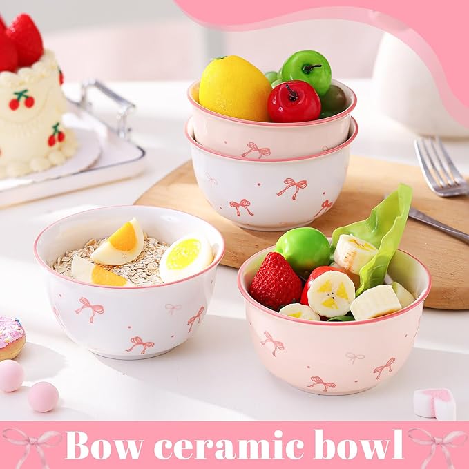 Maxdot 4 Pcs Pink Bow Ceramic Bowls Set 10oz Coquette Cute Soup Bowl Preppy Dessert Pudding Fruit Salad Decorations for Kitchen Decoration Pink White Bowl
