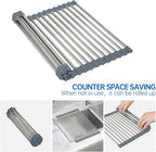 CHIRISEN Expandable Large Roll Up Dish Drying Rack 18 Tube 21.25x12.79''Collapsible Over The Sink Rack Non-Slip Silicone Rolling Dish Drainer Stainless Steel Roll Rack for Kitchen Sink Counter (Gray)