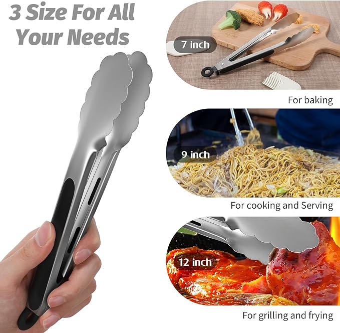 12 Pcs Stainless Steel Kitchen Tongs, 7/9/12 Inches Heat Resistant Cooking Tongs Heavy Duty Metal Locking Tong Non-Slip Metal Food Tong for Cooking Food Grill Salad BBQ