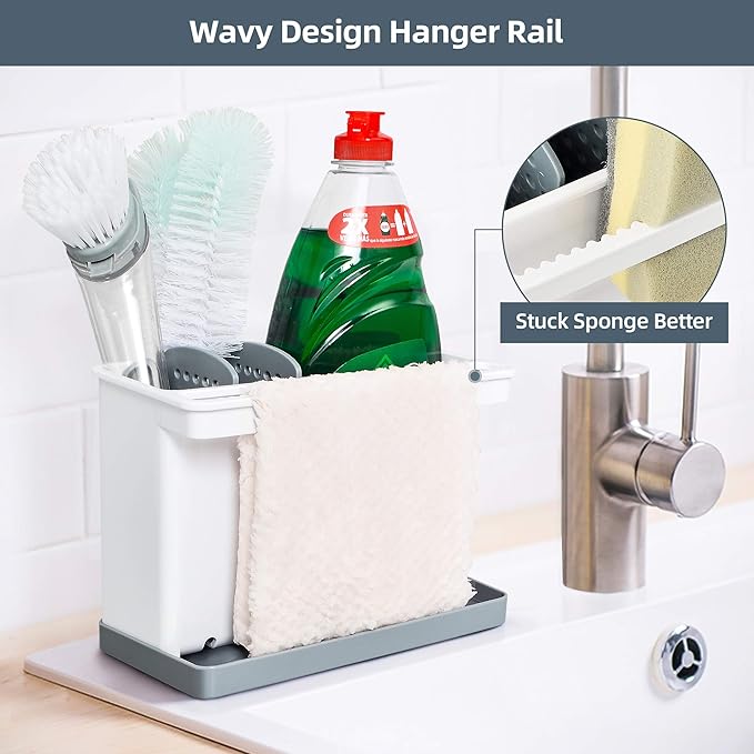 YOHOM 2-in-1 Sink Caddy with Sink Drain Tray & 4 Adjustable Dividers for Kitchen Sponge & Brush Holder