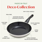 Deco 9.5” Nonstick Frying Pan Skillet, Made in Italy, Diamond Ceramic PFAS-Free, Dishwasher & Metal Utensil Safe, Durable Gloss Enamel Finish, Stay-Cool Handle, High Walls-Extra Room, Taupe