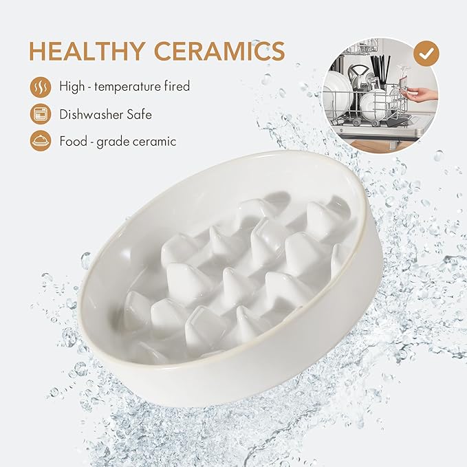 Havniva Ceramic 3.2 Cup Dog Bowl Slow Feeder, 9.5 inch Slow Pet Food Dish for Large Dog, Stop Bloat, Preventing Choking(Single Bowl,Reactived Glaze -White)