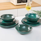 Bestone 12 Pieces Round Kitchen Dinnerware Sets，Plates and Bowls Sets,Dishes, Plates, Bowls, Dish Set, Chip Resistant Ceramic Dinnerware Set, Dishwasher/Microwave Safe,Service for 4,Ceylon Green