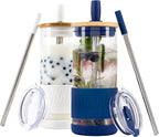 Pandaloo® Glass Cups With Lids and Straws -20 Fl Oz- Perfect Size Iced Coffee Cup - Smoothie Cup With Bamboo Lid and On the go Lid - Glass Tumbler (2 Count (Pack of 1), Galactic Blue-Coton White)
