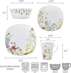 Mikasa Wildflower Garden Dinnerware Set, 16-Piece Bone China Dishes Service for 4, Square Plates and Bowls Set with Mugs, Floral Design, Dishwasher and Microwave Safe