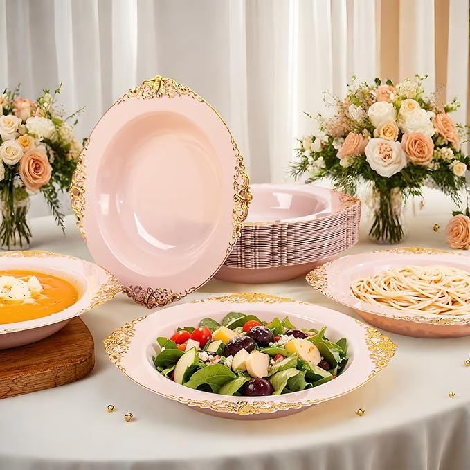100PCS Pink Plastic Bowls - 12 oz Pink Gold Disposable Salad Bowls - Heavy Duty Soup Bowl - Fancy Plastic Ice Cream Bowl for Weddings Parties Dinners Picnics Mother‘s Day
