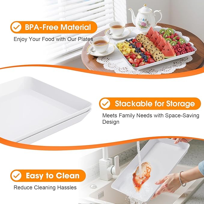 6-Pack Serving Tray, Serving Platter for Parties, Entertaining, Camping & Food Display, Reusable & Stackable Plastic Trays in Kitchen, Rectangular Food Platters for Cookie, Appetizer(White)