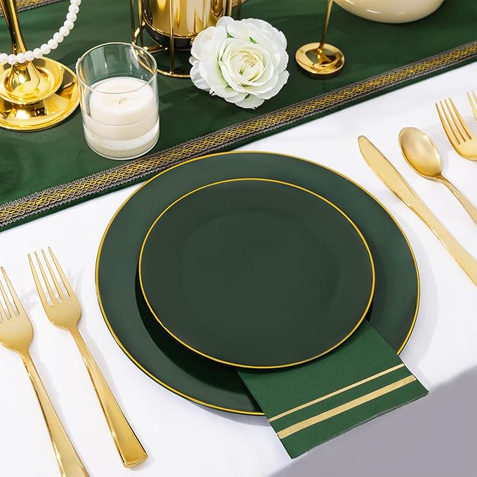 NOCCUR 350PCS Green Plastic Plates - Disposable Green Gold Dinnerware Set for 50 Guests, 100 Dinner/Dessert Plates, 150 Gold Silverware, 50 Cups&50 Napkins for Party ＆ Wedding ＆ Spring