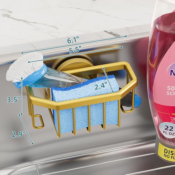 TAILI Sink Caddy with Strong Suction Cup, Sponge Holder for Kitchen Sink Organizer, Removable Sponge Caddy Inside Sink, Rustproof Aluminum Holder for Sponges, Brushes - Gold