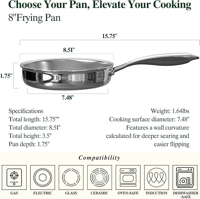 Umite Chef 5 Ply Stainless Steel Frying Pan 8 inch, Non Toxic Professional Stainless Steel Skillets, Dishwasher and Oven-Safe Chef Pan, PFOA&PTFE Free Cookware, Fast & Even Heat, Stay-Cool Handle
