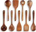 9-Piece Wooden Spoons for Cooking – Premium Teak Wood Utensil Set – Ergonomic Comfort-Grip Wood Tools Non-Stick Cookware Safe Easy to Clean Heat Resistant