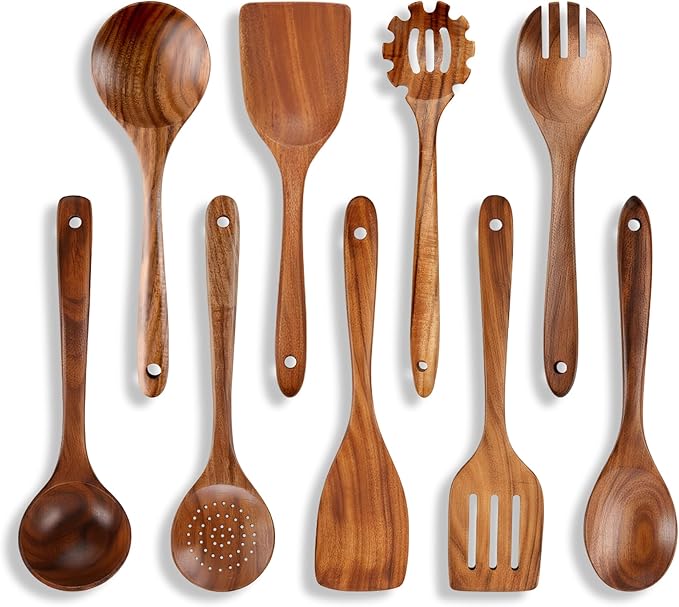 9-Piece Wooden Spoons for Cooking – Premium Teak Wood Utensil Set – Ergonomic Comfort-Grip Wood Tools Non-Stick Cookware Safe Easy to Clean Heat Resistant