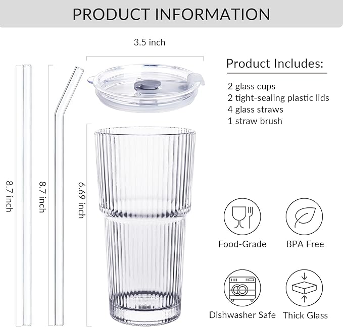 Puraville 2 Pack 20oz Glass Cups with Lids and Straws, Vintage Ribbed Glassware for Whiskey Cocktail Beer, Mason Jar Drinking Glasses Tumbler Iced Coffee Cup