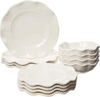 Perlette Off-White Beaded 12-Piece Dinnerware Set – Includes 4 Dinner Plates, 4 Salad Plates, 4 Bowls (7.5" x 2", 22 oz) – Elegant Unbreakable Melamine, Heavyweight, Perfect for Indoor/Outdoor Dining