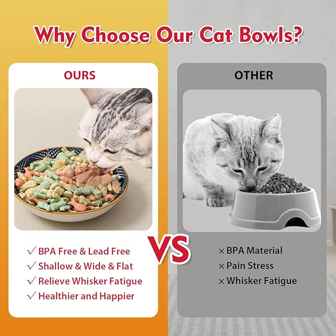 Ceramic Cat Bowls Set of 6 - Colorful/White Cute Shallow Cat Dishes - 5.75-Inch, Whisker Friendly and Wide - Microwave & Dishwasher Safe - 5.3 oz (250 ml) （Colorful 2 ）