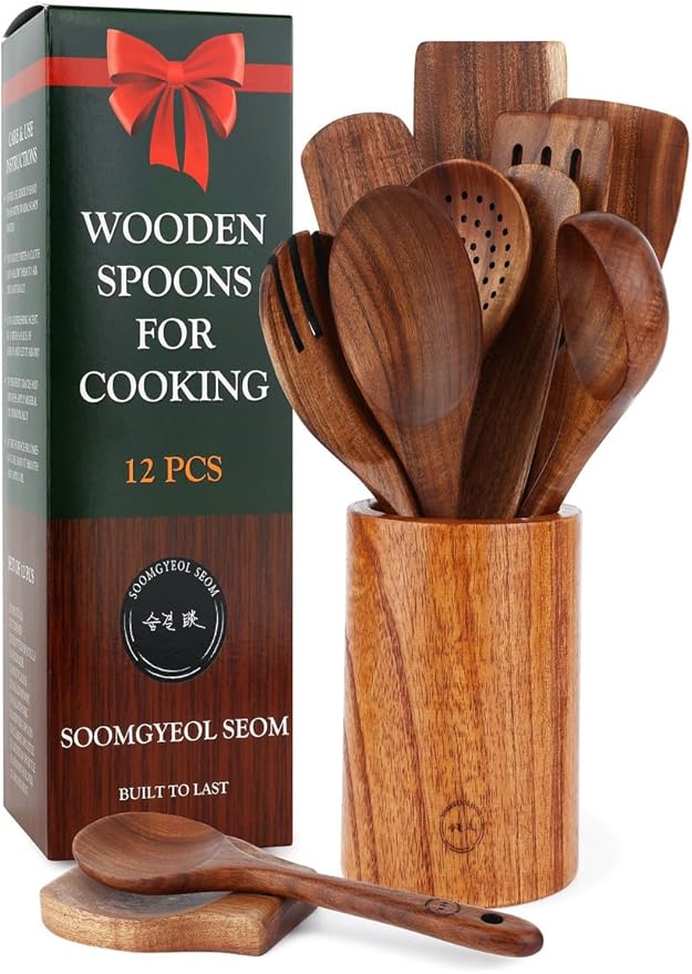 12-Piece Natural Teak Wood Utensil Set with Holder & Rest - Nonstick Cooking Spoons, Spurtles, Heat Resistant Tools