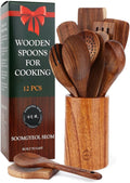 12-Piece Natural Teak Wood Utensil Set with Holder & Rest - Nonstick Cooking Spoons, Spurtles, Heat Resistant Tools