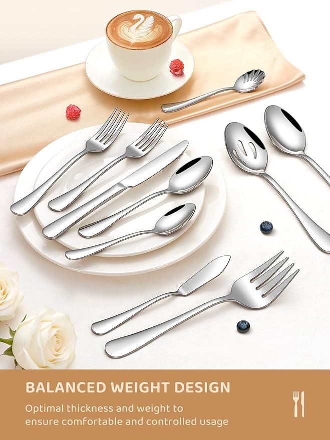 Silverware Set for 8, 45 Piece Food-Grade Stainless Steel Flatware Set with Hostess Serving Utensil Set, Mirror Polished Cutlery Set for Home Kitchen Restaurant, Dishwasher Safe